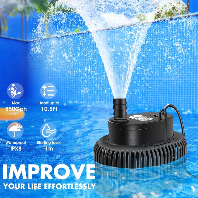 FizZeal Pool Cover Pump Above Ground, Automatic Water Sensor, Sump Pump for Pool Draining, Pool Cover Water Removal 4 Adapters, 16ft Hose & 25ft Power Cord, 850 GPH (Black) - Image 2